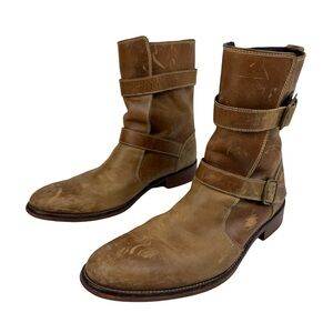 COLE HAAN Tan Leather 2-Strap Moto Casual Distressed Mid Calf Boots Mens 9.5 M